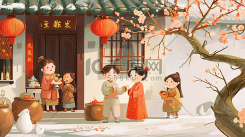 中国风手绘古色古风卡通美女街道插画16