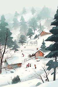 冬天雪景手绘唯美插画海报