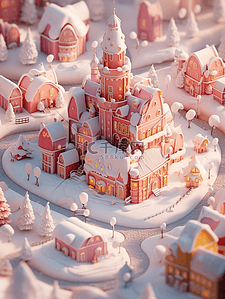 景观立体插画图片_微景观白雪覆盖的小镇3d立体冬天插画