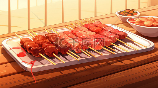 水浒烤肉插画图片_烧烤肉串美味BBQ插画素材