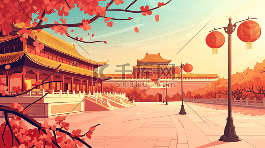 中国风手绘彩色古典建筑宫廷风插画9