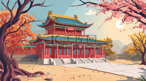 中国风手绘彩色古典建筑宫廷风插画5