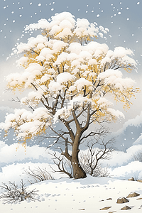 树下的人插画图片_树挂唯美风景冬天手绘插画