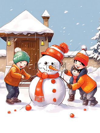 冬天堆雪人新年气氛矢量插画