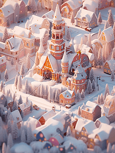 冬天微景观白雪覆盖的小镇3d立体插画