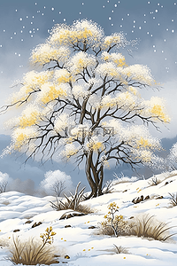 冬季白色雪花插画图片_冬天树挂唯美风景手绘插画