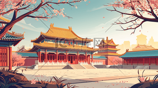 古风宫廷手绘插画图片_中国风手绘彩色古典建筑宫廷风插画1