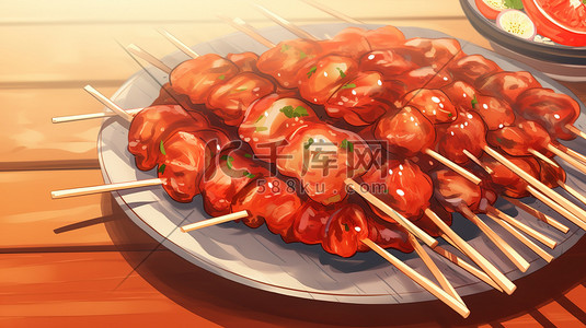 烧串插画图片_烧烤肉串美味BBQ插画