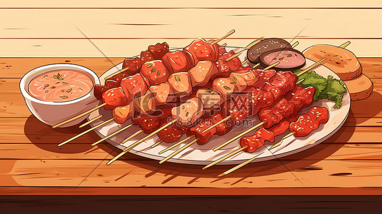 水浒烤肉插画图片_烧烤肉串美味BBQ插画图片