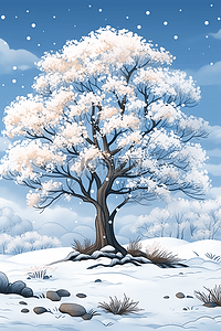 白色点缀插画图片_冬天插画树挂唯美风景手绘