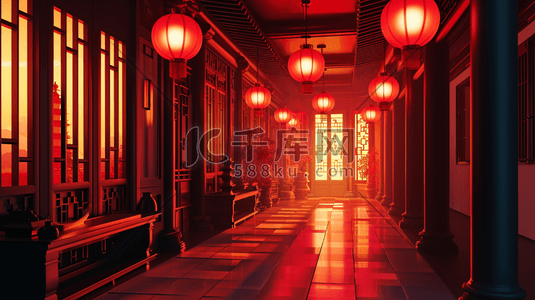 中国红中国风春节灯笼古典建筑插画3