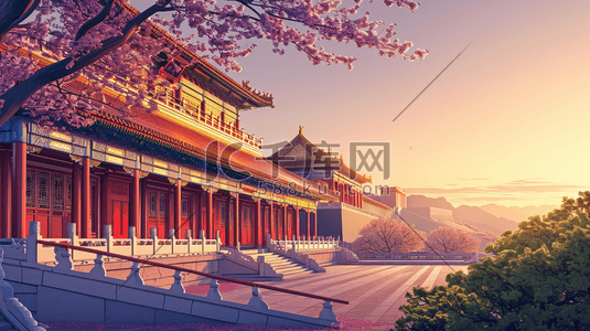 中国风手绘彩色古典建筑宫廷风插画27
