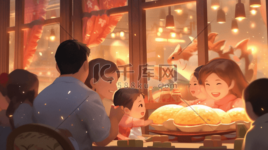 中国红色喜庆阖家团圆幸福年夜饭插画7