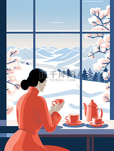 红色叶子装饰边条插画图片_冬日女人在窗户边喝咖啡原创插画
