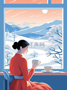衣服女人插画图片_冬日女人在窗户边喝咖啡素材