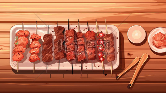 烤肉标签插画图片_烧烤肉串美味BBQ插画素材