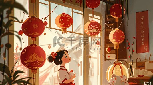 中国风手绘古色古风卡通美女街道插画33