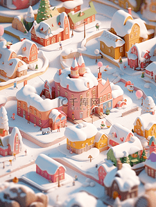 冬天微景观白雪覆盖的小镇插画3d立体