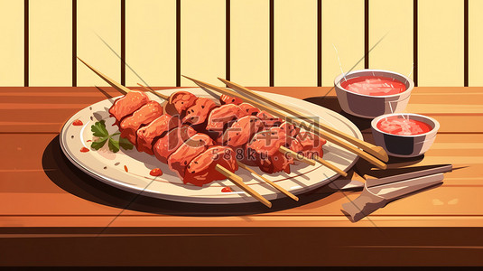 烤肉夹饼插画图片_烧烤肉串美味BBQ插画