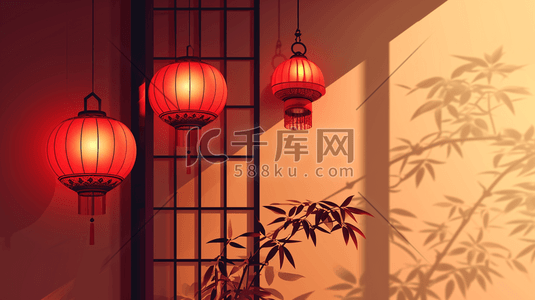 中国红中国风春节灯笼古典建筑插画7