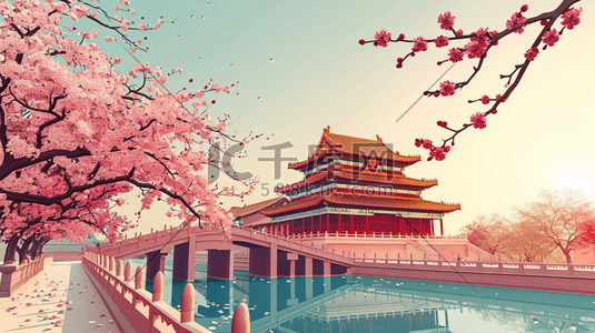 中国风手绘彩色古典建筑宫廷风插画20