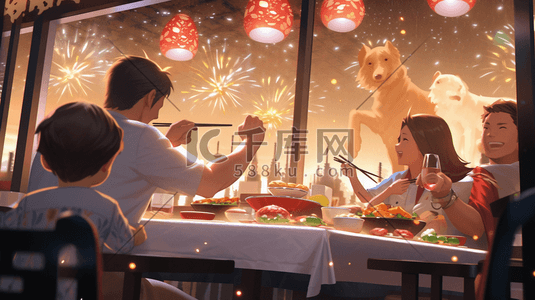 中国红色喜庆阖家团圆幸福年夜饭插画8