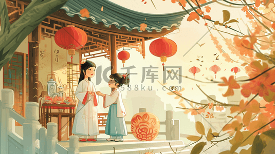 中国风手绘古色古风卡通美女街道插画5