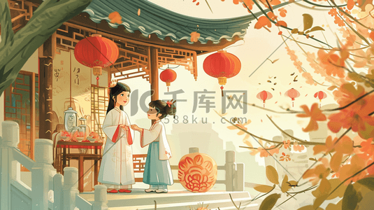 古古色插画图片_中国风手绘古色古风卡通美女街道插画5