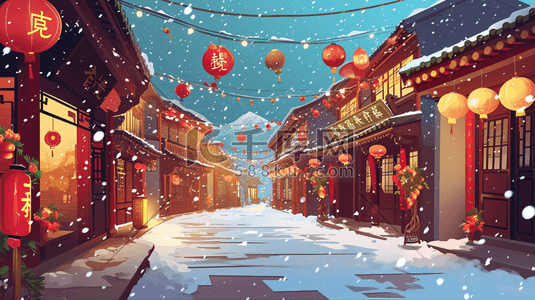 彩色手绘国风古建筑夜景街道夜下雪插画14