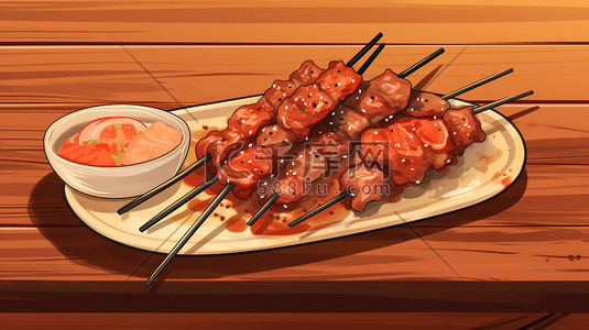 烤肉标签插画图片_烧烤肉串美味BBQ图片