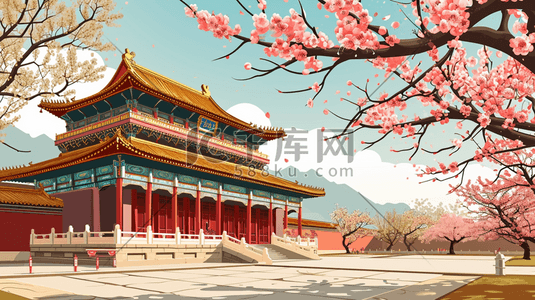 中国风手绘彩色古典建筑宫廷风插画3