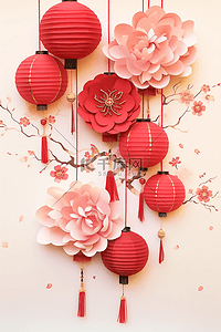 新年春节红花灯笼剪纸立体插画