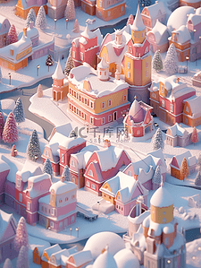 冬天插画微景观白雪覆盖的小镇3d立体