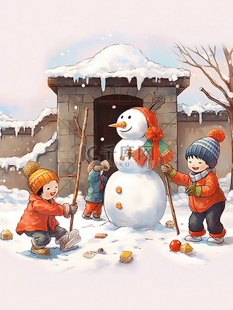 冬天堆雪人新年气氛插画素材