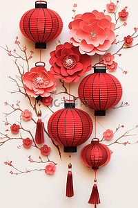 新年春节红花灯笼立体剪纸插画