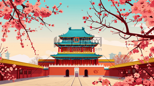 手绘中国古典建筑插画图片_中国风手绘彩色古典建筑宫廷风插画2