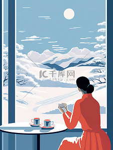 红色叶子装饰边条插画图片_冬日女人在窗户边喝咖啡插画图片