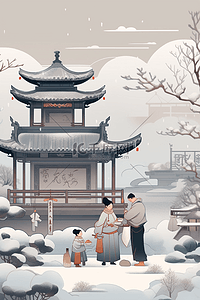 中国家庭的插画图片_冬天古典风海报手绘线性插画