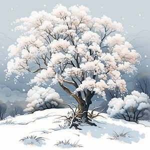 冬季白色雪花插画图片_冬天手绘树挂唯美插画风景