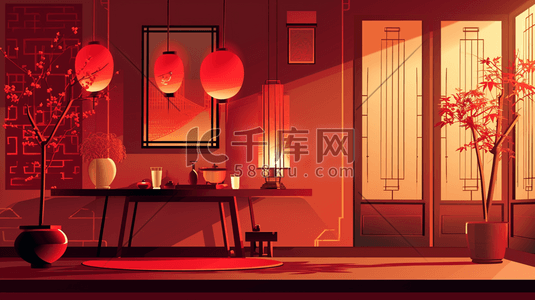 中国红中国风春节灯笼古典建筑插画19