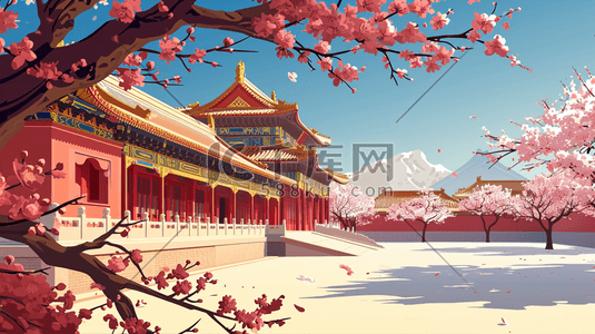 中国风手绘彩色古典建筑宫廷风插画26