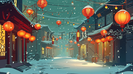彩色手绘国风古建筑夜景街道夜下雪插画12