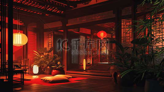 中国红中国风春节灯笼古典建筑插画13