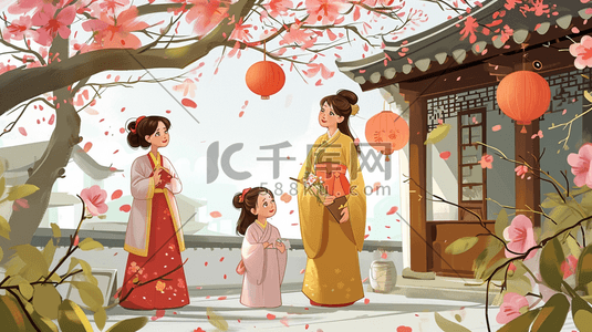 卡通红花插画图片_中国风手绘古色古风卡通美女街道插画6