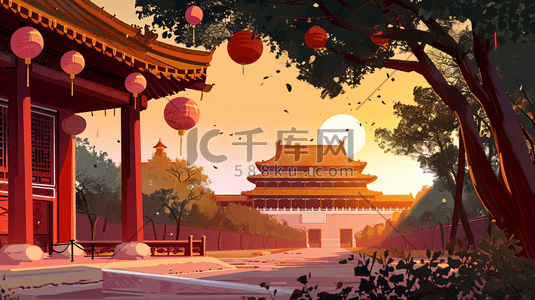 楼国潮插画图片_中国风手绘彩色古典建筑宫廷风插画17