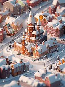 冬天白雪覆盖的小镇3d微景观立体插画