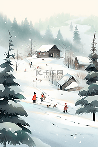 手绘冬天雪景唯美插画海报