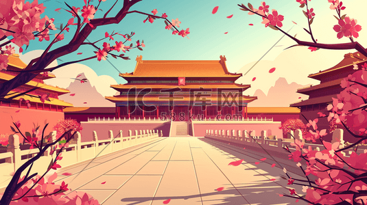 中国风手绘彩色古典建筑宫廷风插画12