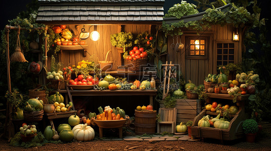 蔬菜和水果小店微观创意场景插画海报