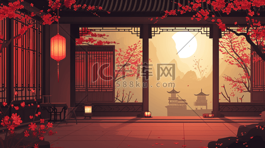中国红中国风春节灯笼古典建筑插画10